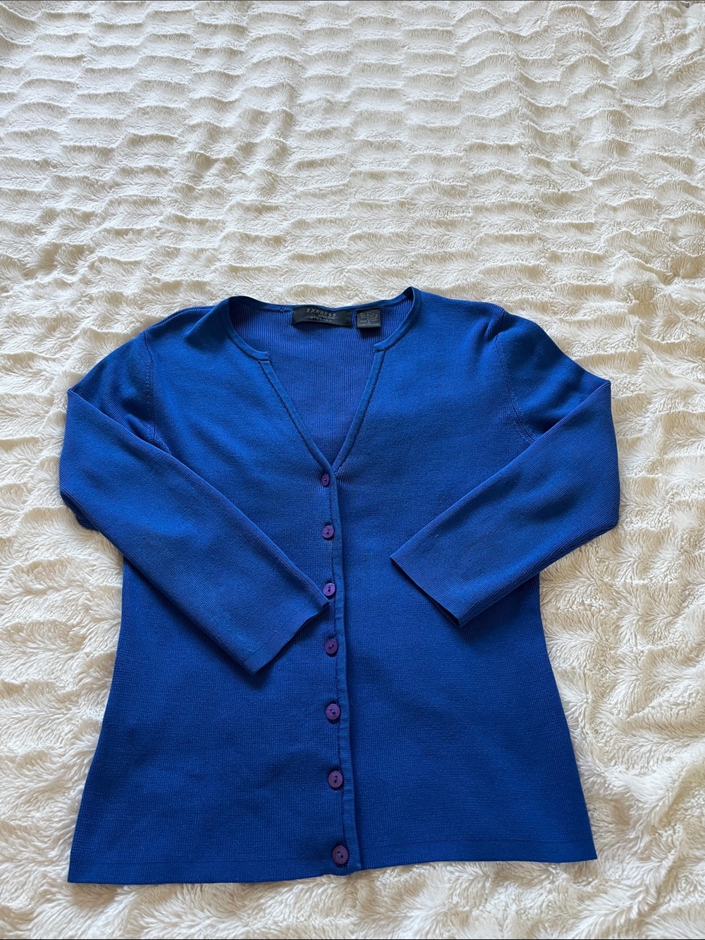 Vintage Express Stretch Royal Blue 89% Silk 3/4 sleeve  V-Neck Cardigan Sz S
